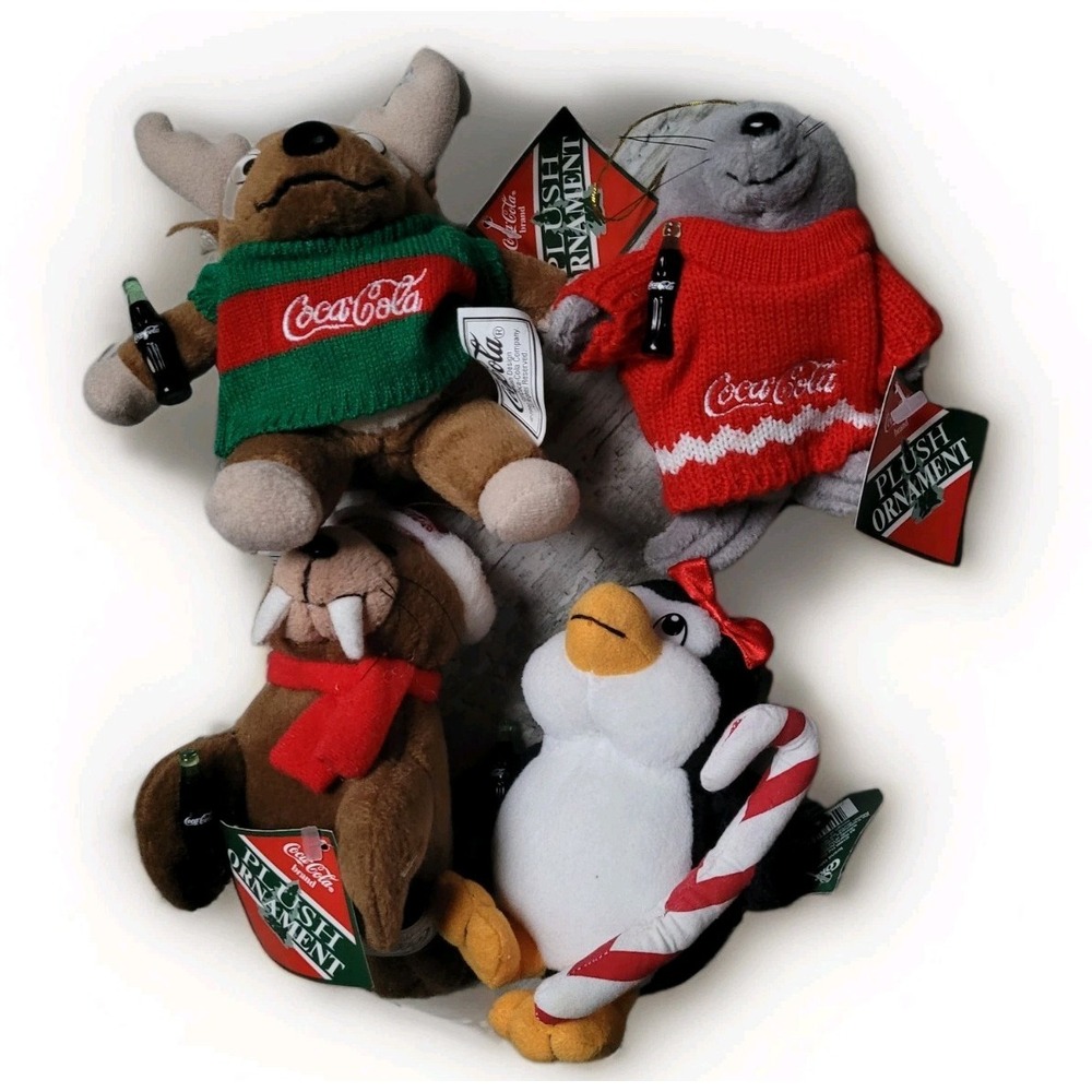 Lot of 4 Vintage Coca-Cola Plush Bean Bag Ornament Penguin Seal Walrus Moose NWT